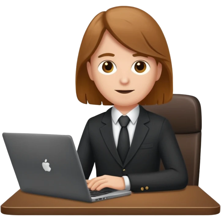 Mach mir einen Trader der in einem Schreibtischstuhl sitzt mit einem Laptop. vor sich am tisch. Aber er soll alleine sein. Mach ihn mit anzug und braunen haaren und määnlich emoji