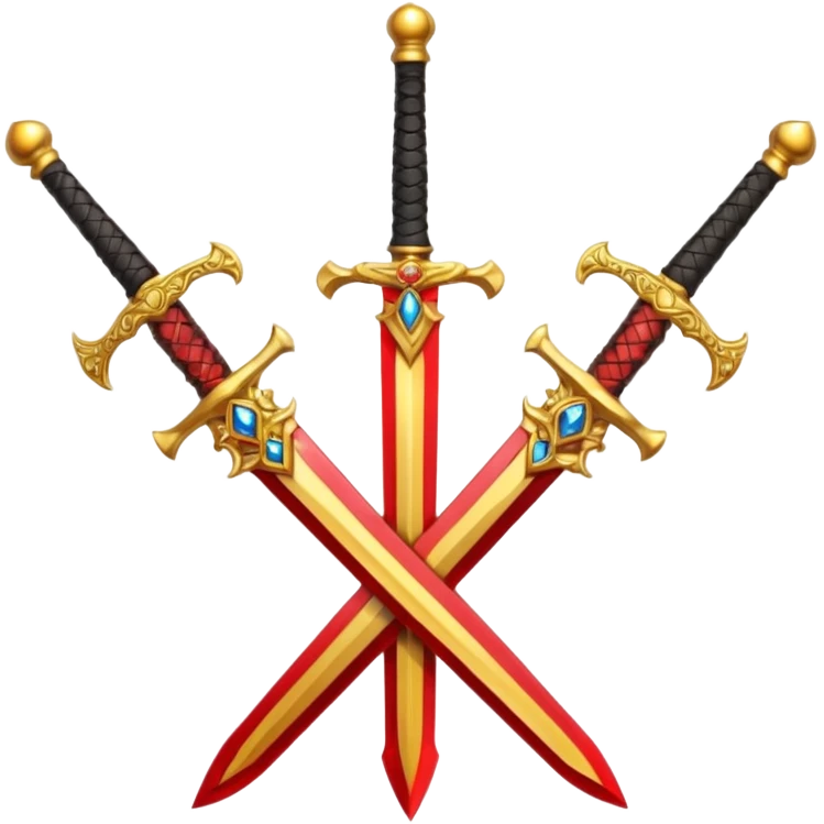 Two crossed swords that are golden in blade and handle and have fiery and royal appearence to them as well as red gem stones yellow in color emoji