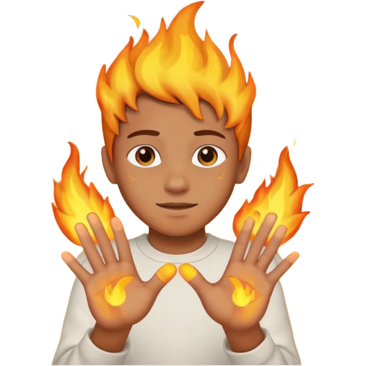 A boy with his entire hands made out of fire emoji