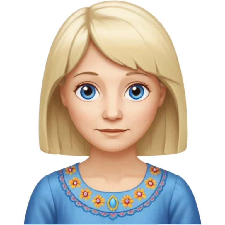 50 yr old white woman, hippie parted hair, short bangs, very long straight blond hair, oval face, small smile, blue eyes, thin face, hair downback, hair parted at center of head, round cheeks, pale, longer hair, white dress emoji