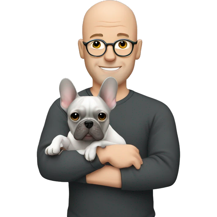 Bald man holding dark grey french bulldog  emoji