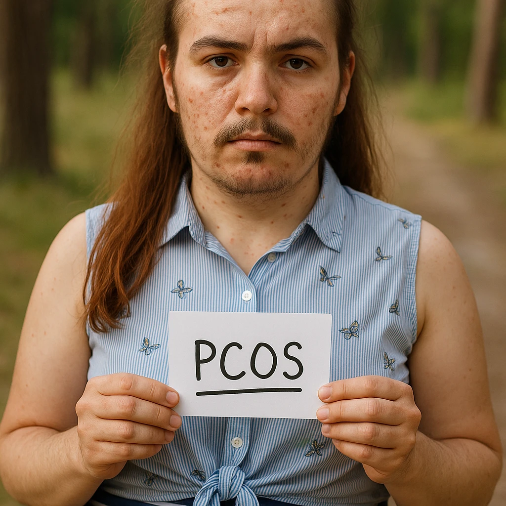 Realistic woman with PCOS inspired by the reference photo, face with acne, facial hair, thin hair, similar clothing, natural environment, hyperrealistic 4K details. emoji