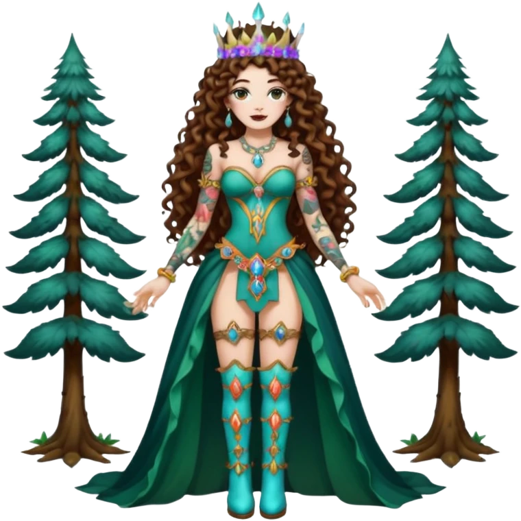 full body view of a woman with long curly brown hair, brown eyes, white skin, tattoos, wearing a crystal crown and thigh-high boots, psychedelic forest empress pose emoji