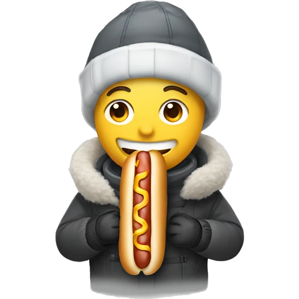 smiling guy in winter gear but eating a hotdog emoji