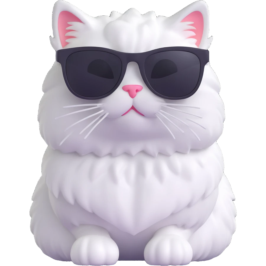 white fluffy cat with long hair and black sunglasses, 3D emoji style emoji