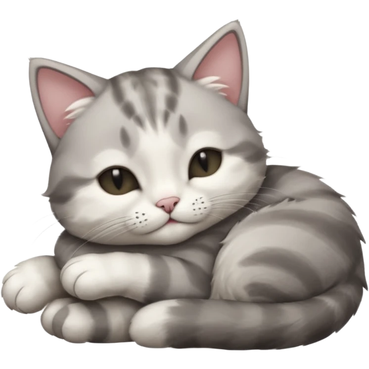 1 grey and white small cat with its eyes closed lying down leaning on its elbow with its paw curled under his head holding it up emoji