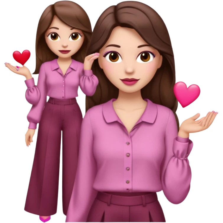  emoji, inspired with brunette hair, brown eyes, long hair, heart shape lips and pink make up  and pink nails, mauve pink blush and brown wide leg pants, burgundy shoulder drop shirt, brown heels , princess hair, brown heels  emoji