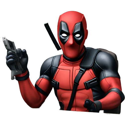 Deadpool holding controller sitting at a desk, front view emoji