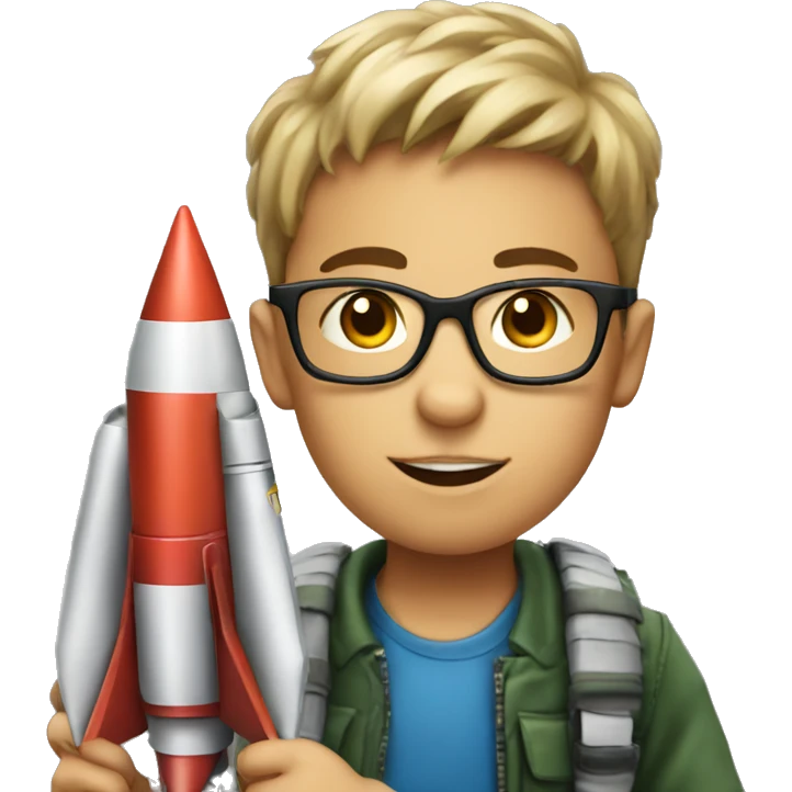 boy in glasses indoors with a rocket launcher emoji