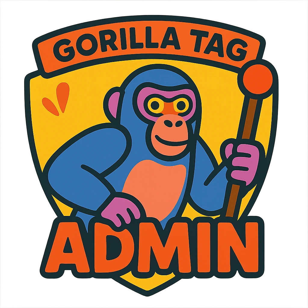 badge for a Gorilla Tag admin, cartoon gorilla holding a staff, word 'ADMIN' bold playful font, vibrant colors emoji