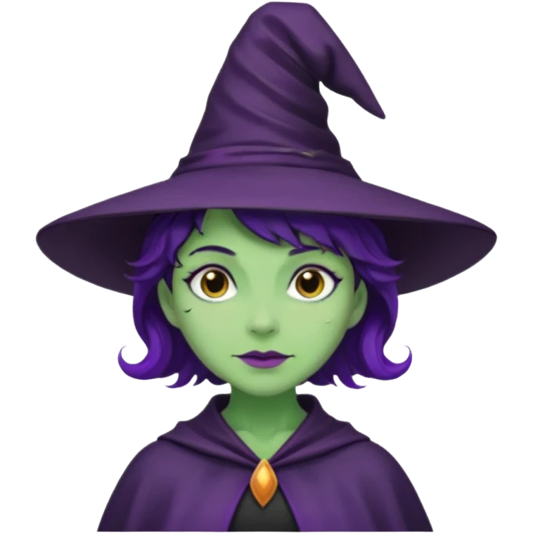 Halloween witch with purple witch hat and black short wavy witch hair
, green skin. emoji