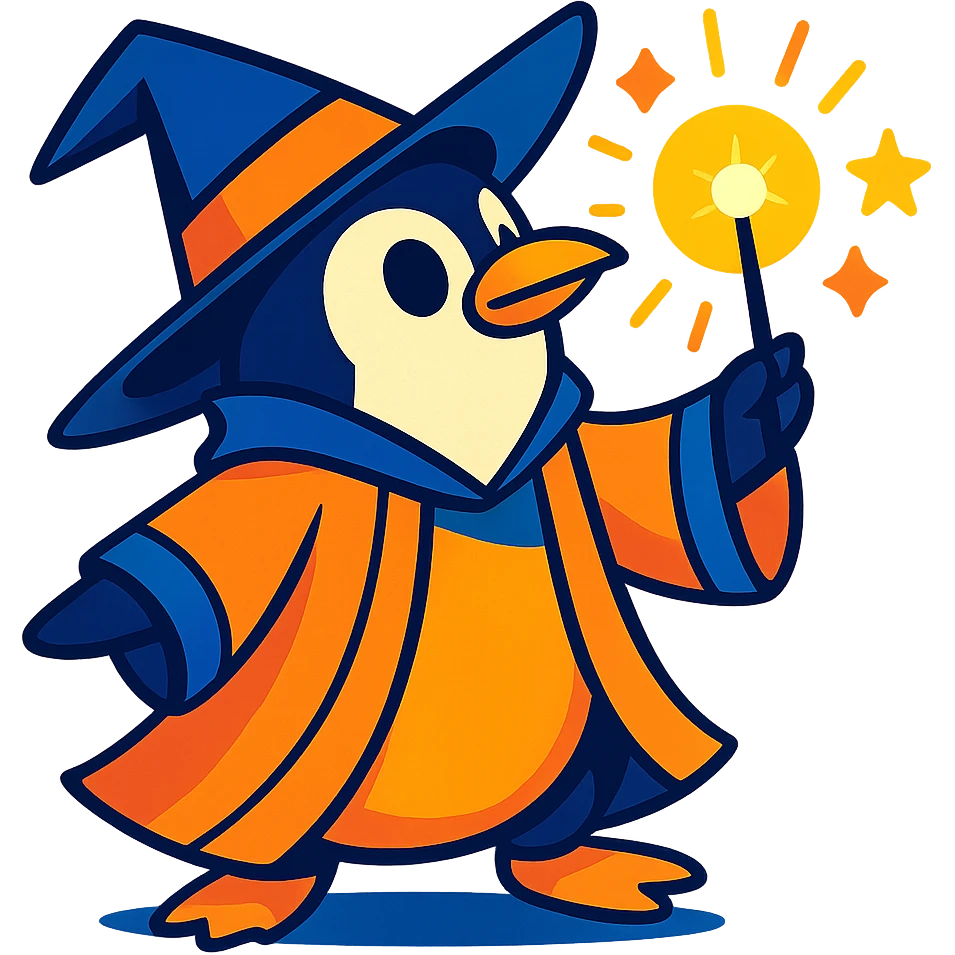 vibrant style penguin wizard casting a spell with a glowing wand and robe emoji