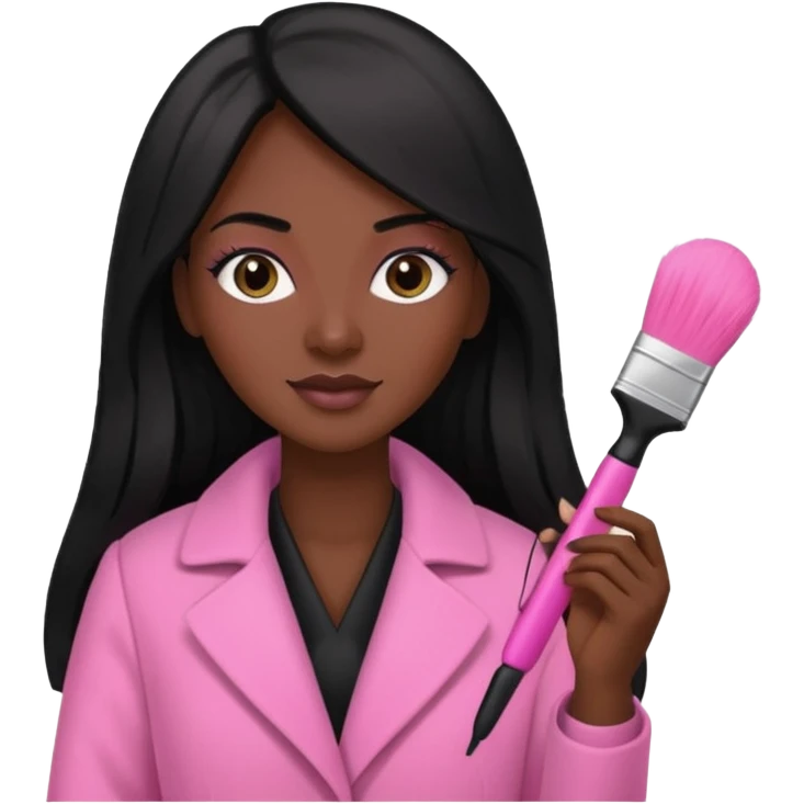 Cosmetologist, dark skin, long black hair, with cosmetology brush, and pink coat emoji