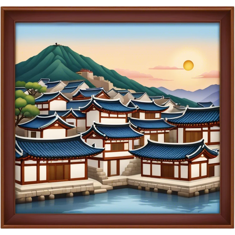 Cinematic Realistic Bukchon Hanok Village Landmark Emoji, depicted with traditional Korean houses set against a scenic backdrop rendered with detailed textures and warm, inviting lighting. emoji