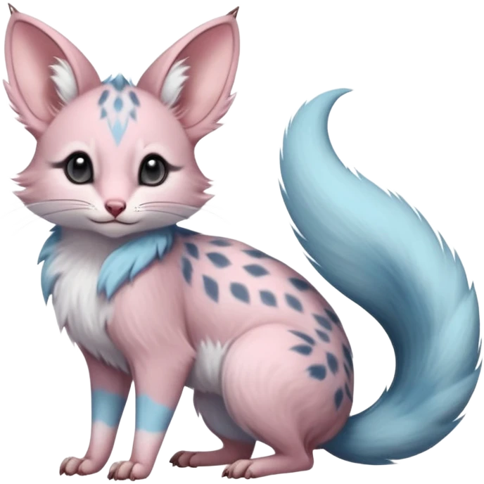 Pastel Pink, pastel-blue-pointed, soft natural realistic romantic vintage antique divine beautiful elegant pretty precious cute young youthful  Fakémon-Pokémon-opossum-feline-mouse-serval-caracal-chinchilla-Minccino-Cinccino-Meowstic-rodent-hybrid-creature with a big fluffy bushy tail (full body) emoji
