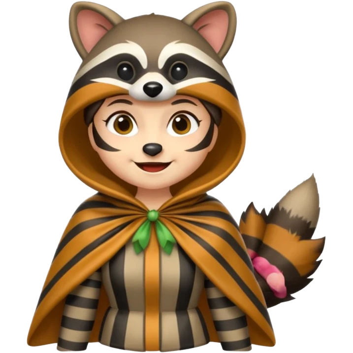 forest emoji woman dressed as raccoon trickster, striped tail cape, playful grin emoji