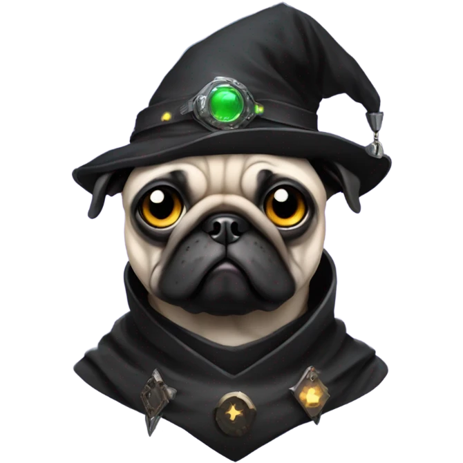 cyberpunk pug wearing a black wizard's hat emoji