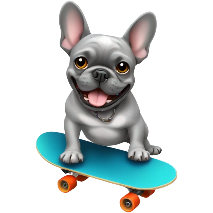 A grey French bulldog on a skateboard emoji