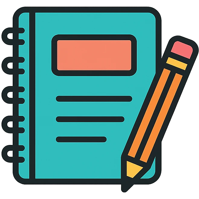 a copybook and pencil, focused study vibe, vibrant color outline style emoji