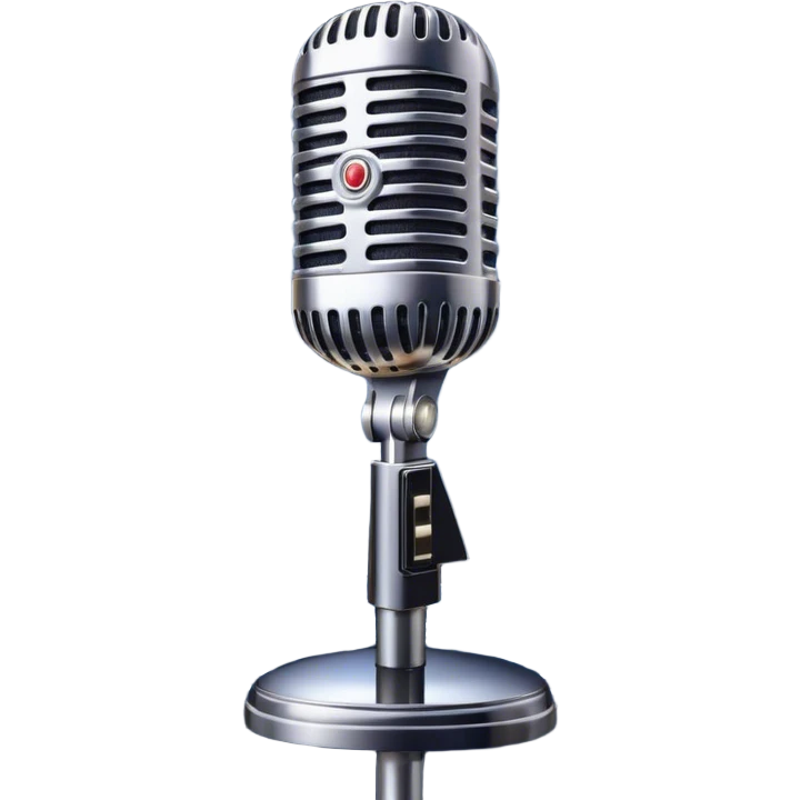 Create a dynamic and atmospheric emoji representing jazz vocal performance. The design should feature a classic, vintage microphone surrounded by flowing musical notes and soft, swirling sound waves to capture the smooth, improvisational essence of jazz. The microphone should have an old-school chrome finish, with subtle highlights that suggest its iconic, timeless quality. Include a background hint of a dimly lit jazz club or smoky stage to set the mood. Use deep, moody colors like midnight blue, gold, and black to evoke the intimate, soulful vibe of jazz vocals. The background should be transparent. emoji