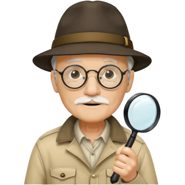 old man in beige explorer outfit, wear black glass, hat, holding magnifying glass emoji