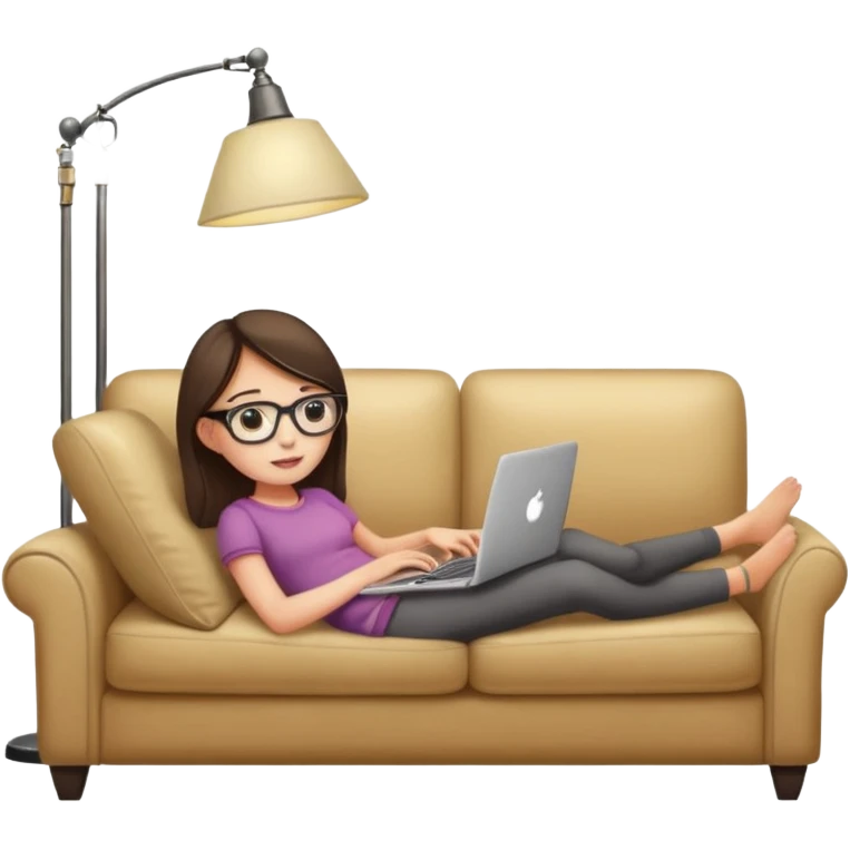 A girl is working with a laptop while lying on a sofa, with a floor lamp to the right. emoji