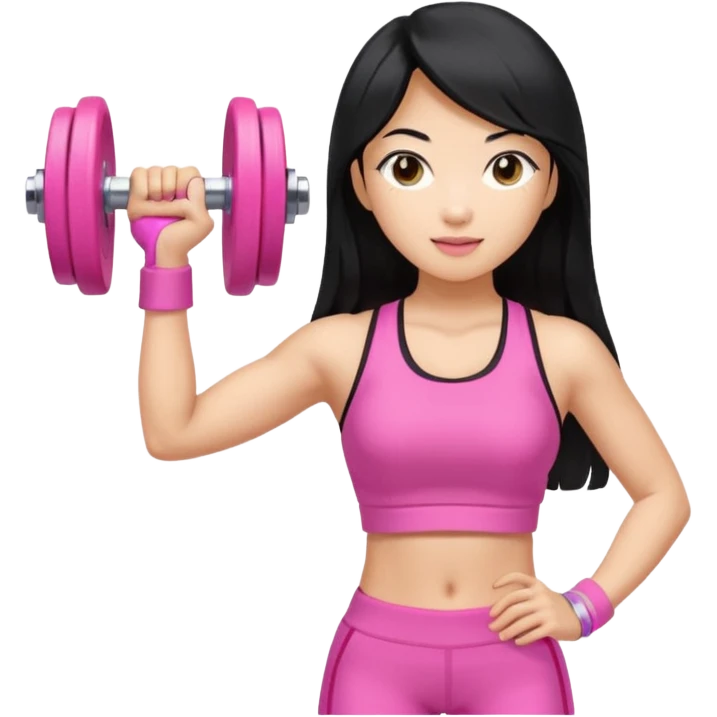 An Asian lady with long hair, blonde highlights, in a pink gym outfit, holding a pink dumbell emoji