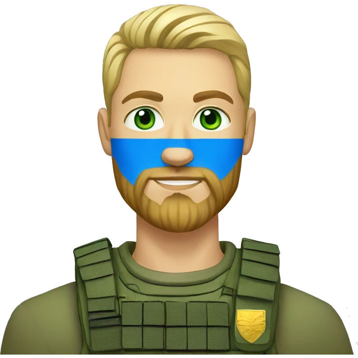 ukrainian military blonde man with a beard with green eyes with blue viking paint on the face  emoji