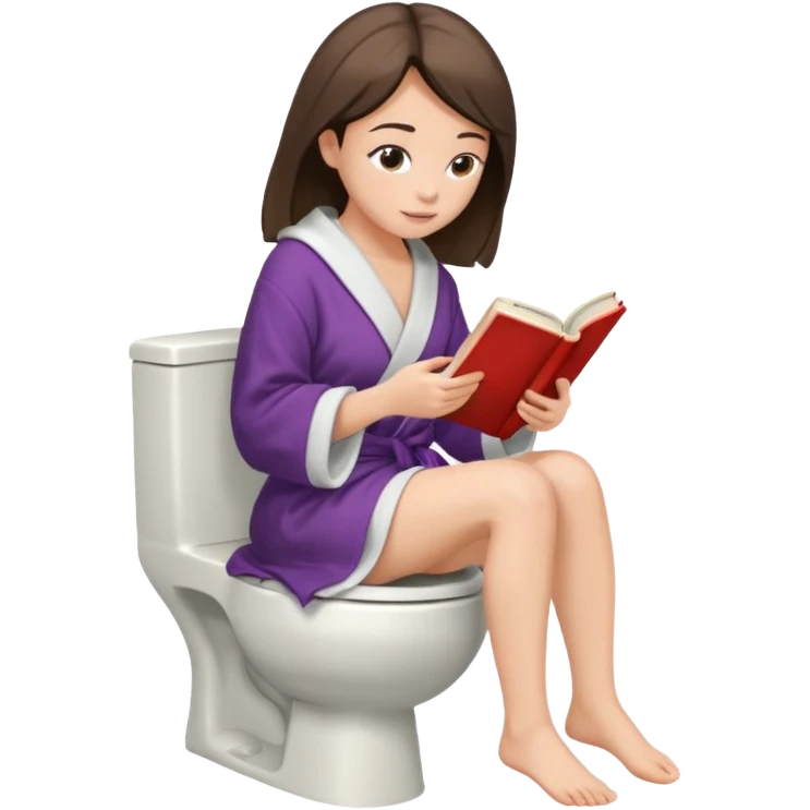 A woman is sitting on the toilet, her pants are pulled down and she it reading a book. Side view emoji