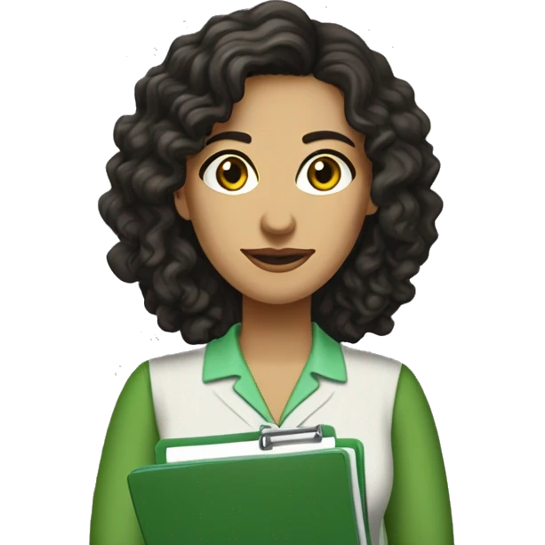 female psychologist, brunette, black eyes, long black curly hair. Holding a medical record clipboard, wearing a green knitted blouse, brown pantaloons, green sandals, brown and green Peruvian earrings emoji