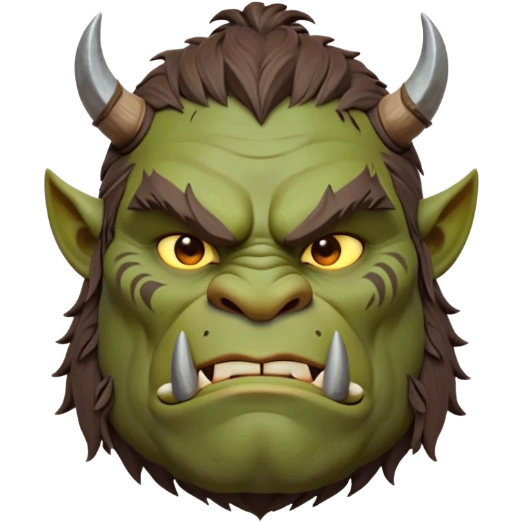 Cinematic Noble Ogre Portrait Emoji, Majestic and imposing, with a rugged, muscular form in deep earthy greens and browns, adorned with battle scars and subtle tribal markings, exuding calm, noble strength and unexpected wisdom, simplified yet strikingly detailed, glowing with a shadowy outline that captures the essence of a gentle giant with fierce heart! emoji