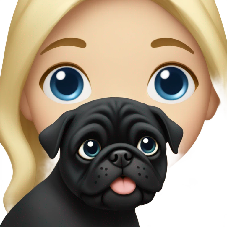Girl with wavy blonde hair and blue eyes kissing a black pug emoji