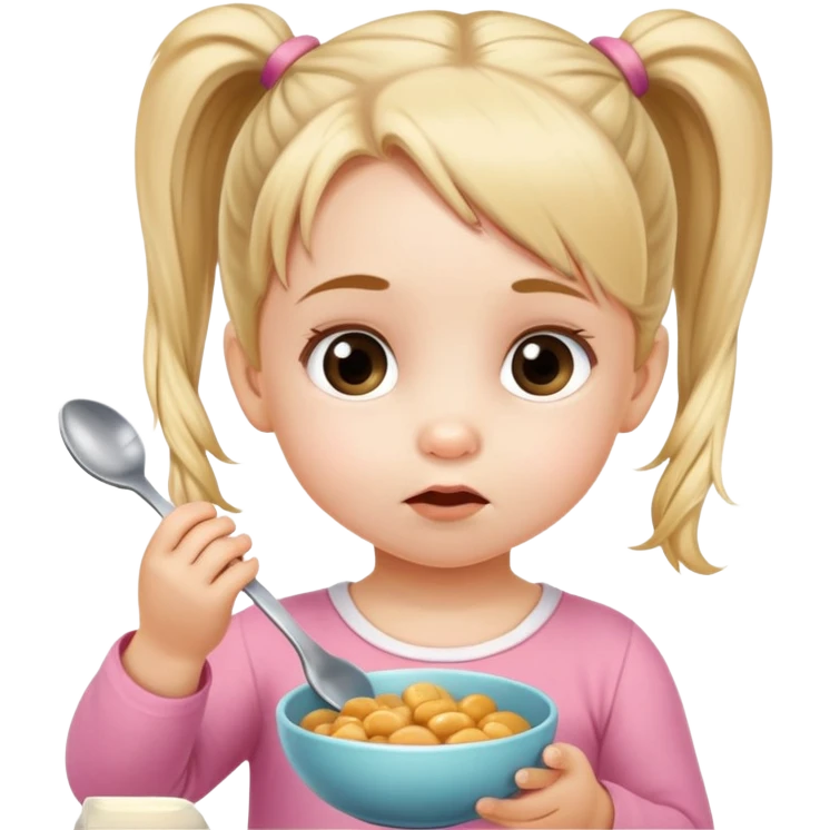 A toddler girl, with 2 pony tails who does not want to eat from the spoon that mom gives to her emoji