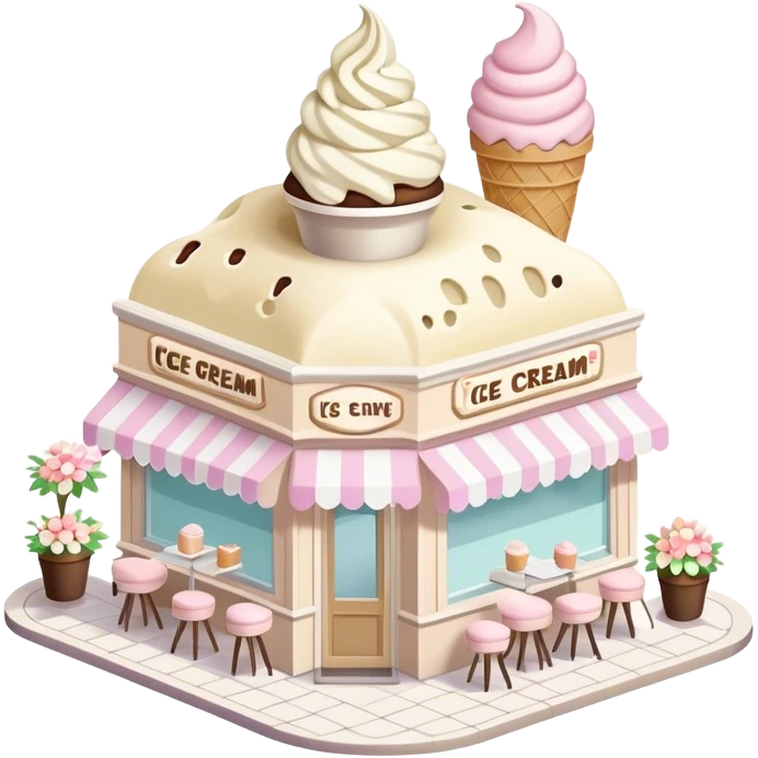 isometric exterior little beige and white ice cream parlour with abundant pastel florals everywhere emoji