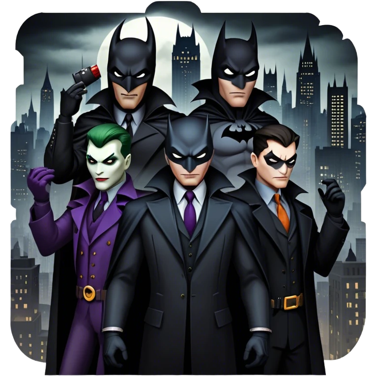 Icon for Thriller Movies: A large, dramatic collage featuring sinister villains in dark clothing. The background shows the gloomy cityscape of Gotham, with dim lighting and eerie shadows. The atmosphere should be tense, mysterious, and suspenseful. Transparent background. emoji