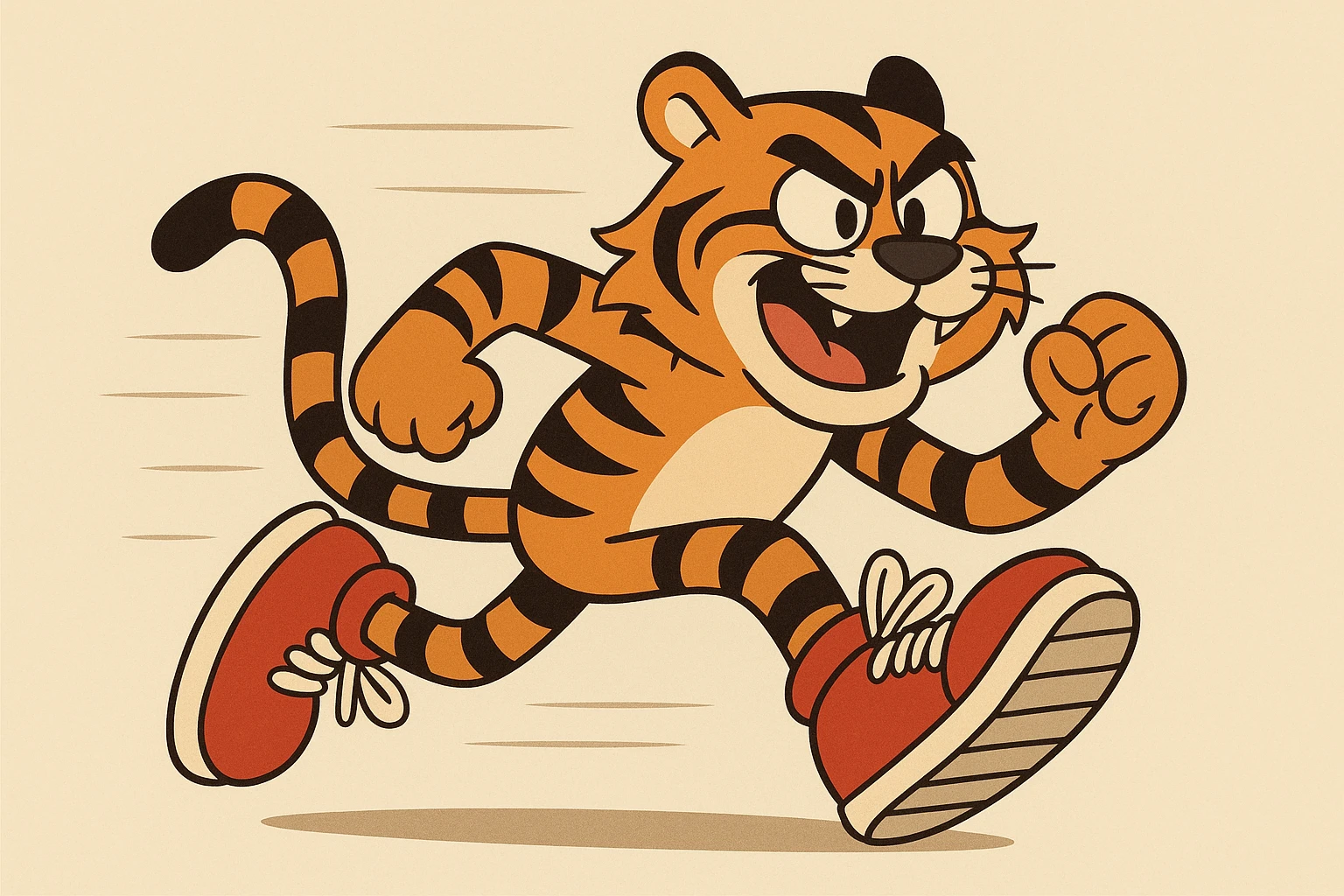 a cartoon tiger with exaggerated running shoes, in a fast sprint, echoing Sonic the Hedgehog's attitude and speed, with a fun, animated look, cartoon style emoji