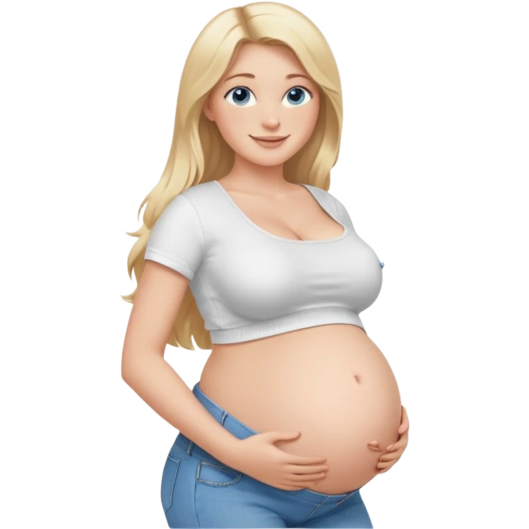 White girl, 18, long blonde hair, blue eyes, white crop top, jeans, huge pregnant belly, big boobs, side view, skinny, bare midriff, smiling emoji