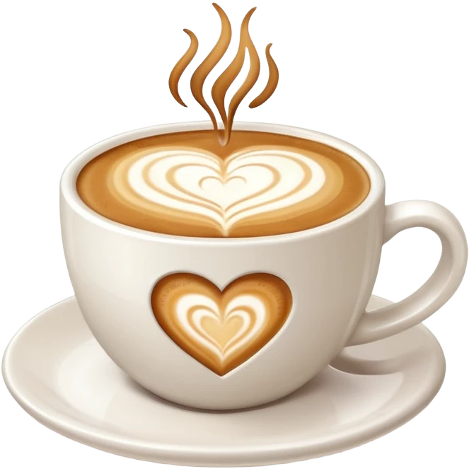 a flat white coffee without a face in a clean white coffee mug having  poured heart with latte on top emoji