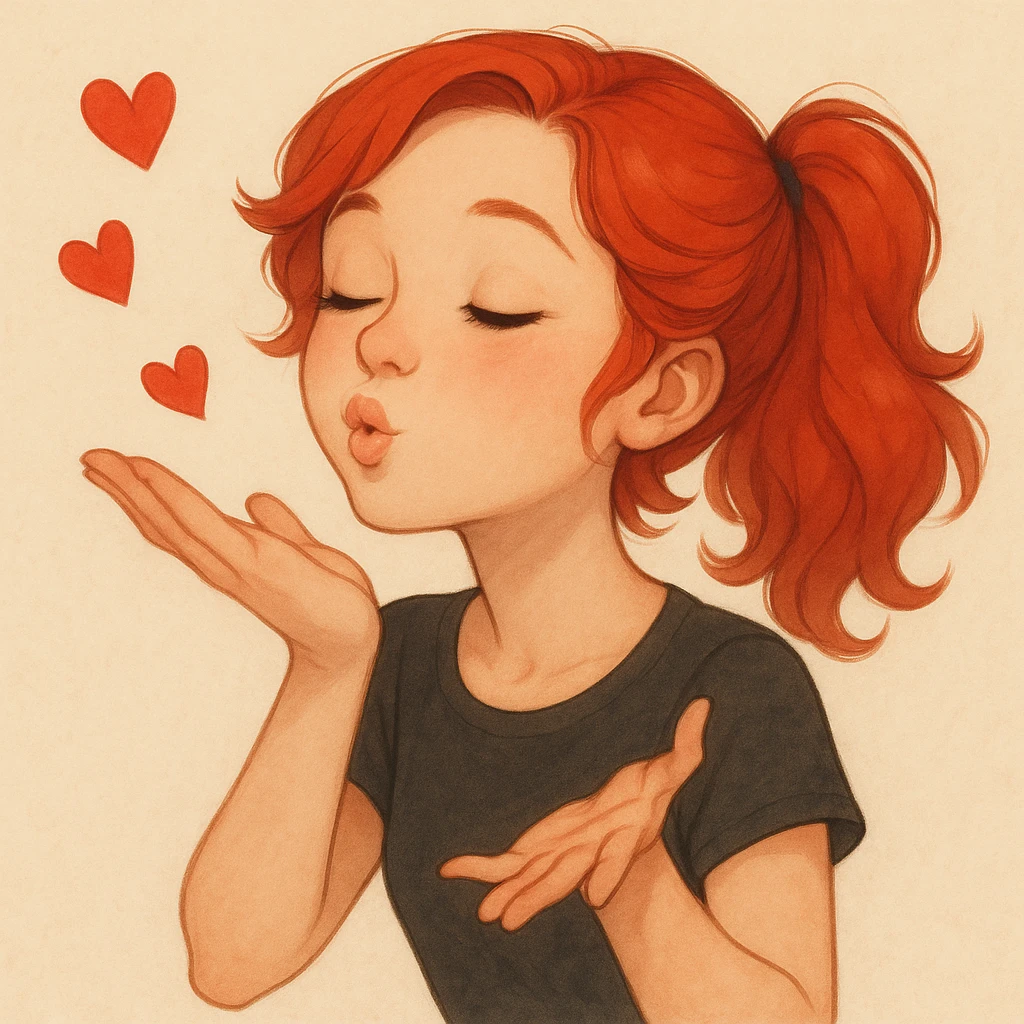 Create an image of a red headed girl blowing kisses. Match the style of the reference image provided, which has a soft, detailed, and slightly whimsical illustration style. Focus on capturing the character's expression and gesture accurately while maintaining the artistic style of the reference. emoji