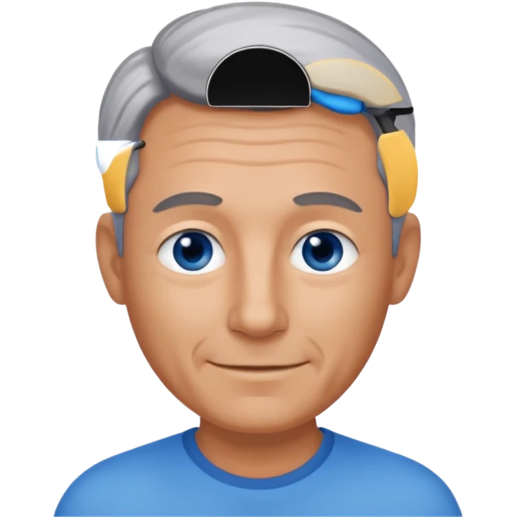 Middle aged man with tanned skin, receding black to grey hair and no beard, blue eyes, shy smile emoji