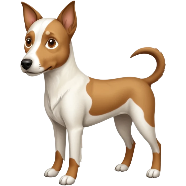 a full body large white parson russell looking dog the size of a kelpie with light brown flapped down ears and a light brown patch on one eye and a large snout emoji