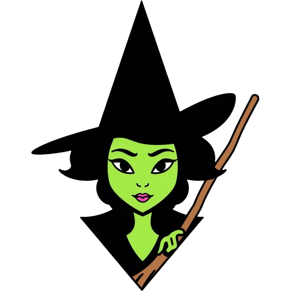 Elphaba from Wicked musical, green-skinned witch with pointy black hat and broom emoji