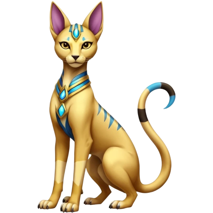Modern futuristic shiny colorful Bastet-Anubis-Sphynx-Lombax-Zeraora-Renamon-fusion (full body) emoji