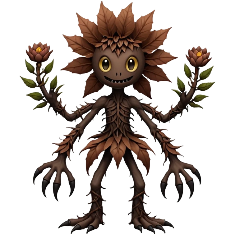 A flower like a monster with arms and legs, the body is a little bit black and the another bit brown like a demogorgon emoji
