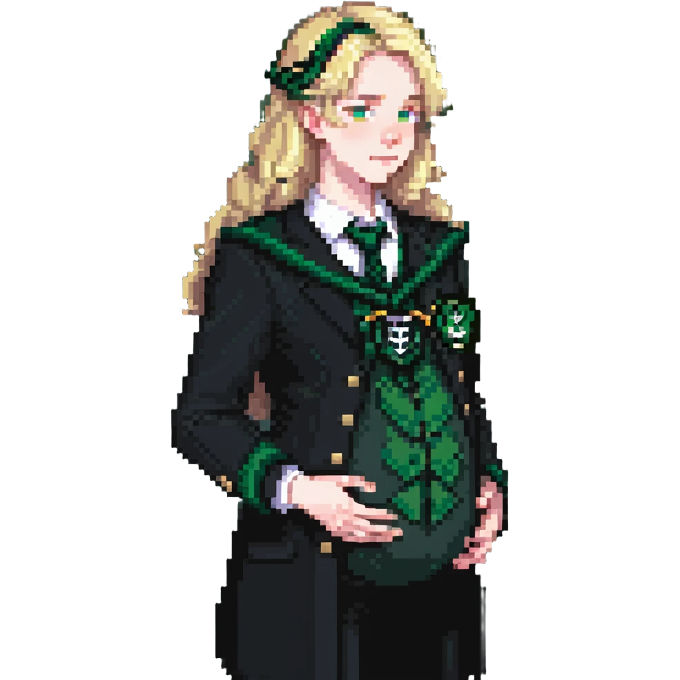 pregnant male in Slytherin uniform, blonde hair, pale skin emoji