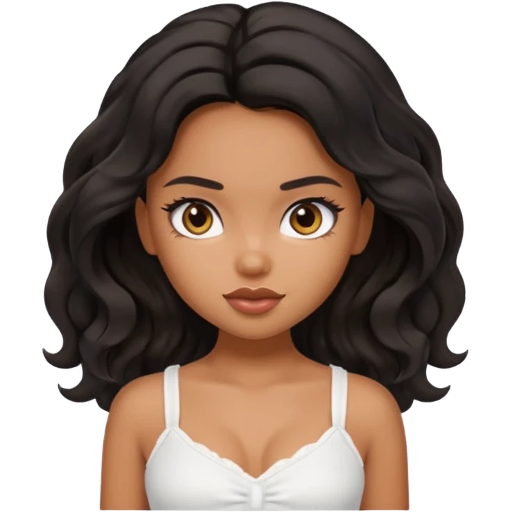a pretty bratz tan girl with wavy black hair wearing a white cami top. Skintone is brown emoji