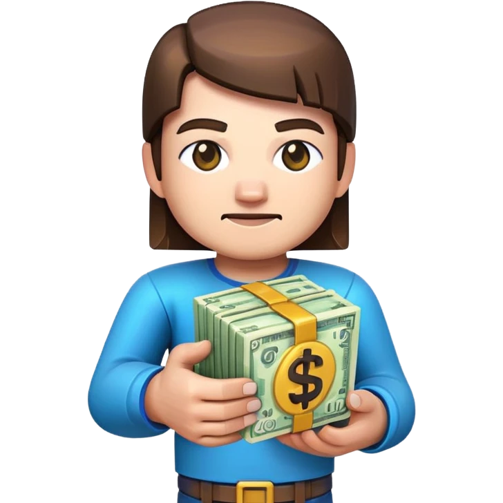 emoji style icon, minecraft blocky character holding a stack of money, pixel art style, bright colors, simple background, 3D glossy emoji, centered composition, soft shadow, high detail, clean outline, white background emoji