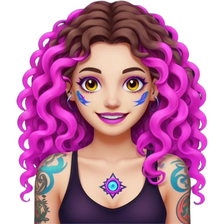 woman with long curly brown hair, brown eyes, white skin, tattoos, fake innocent smile with chaotic neon aura emoji
