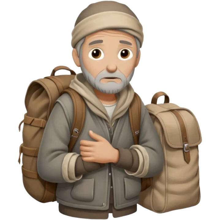 A homeless man wrapped in an old blanket, holding a backpack filled with his belongings, expression calm but weary.
 emoji