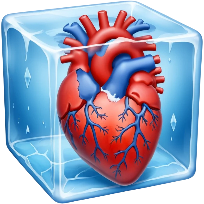 A realistic human heart completely frozen, trapped inside a clear ice cube emoji